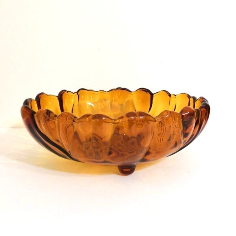Vintage Amber Floral Glass Bowl‎ 11"